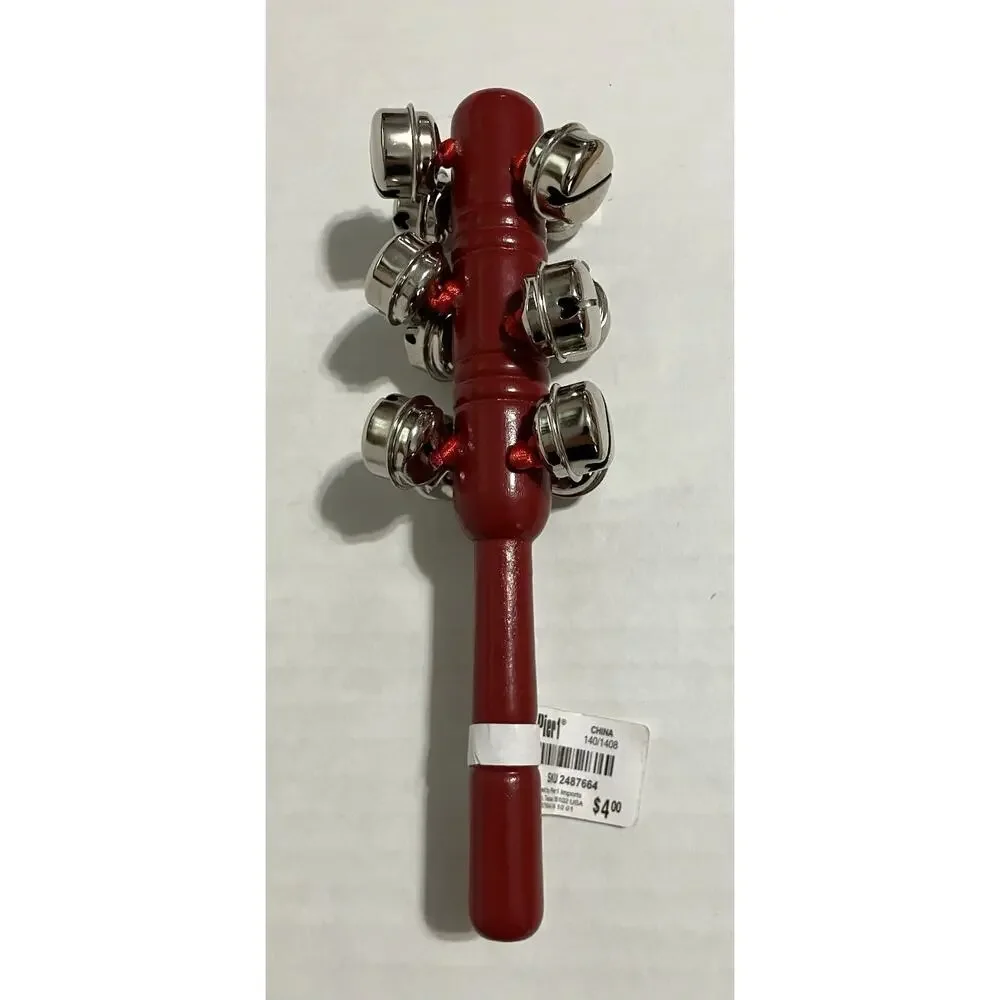 Vtg Pier 1 Handheld Christmas Jingle Bell Stick Shaker Wooden Handle Decorative